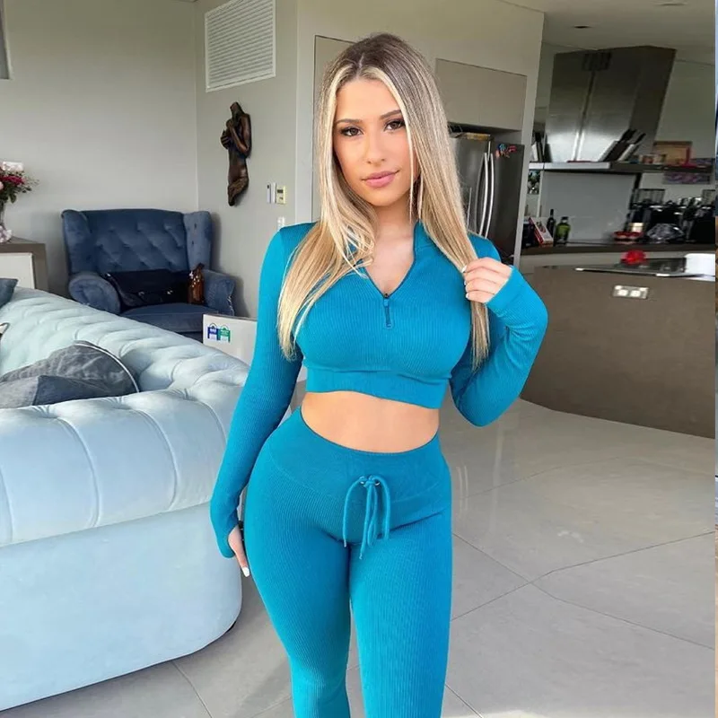 

Ribbed Knitting Solid Color Standing Collar Long Sleeve Zipper Short T-shirt +Tight Trousers Tethered Fitness Pantsuit