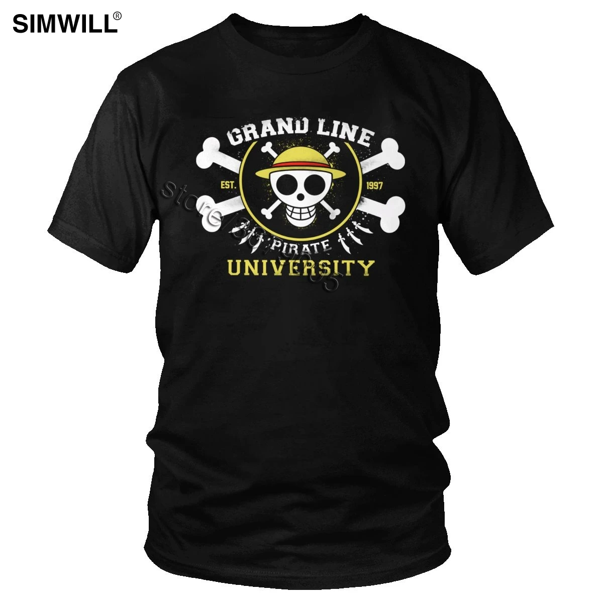 

Vintage Distressed One Piece Skull Logo T Shirt Men Short Sleeves Anime Tee Grand Line University Leisure T-shirt Merchandise