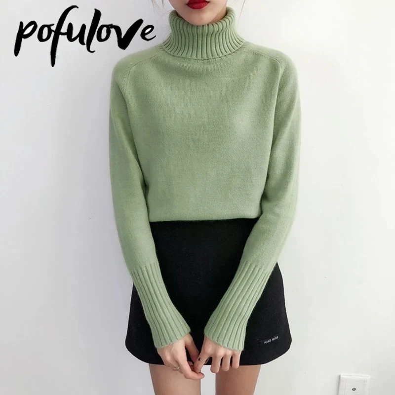 Свитер женский с воротником-хомутом однотонный Свободный вязаный пуловер модный