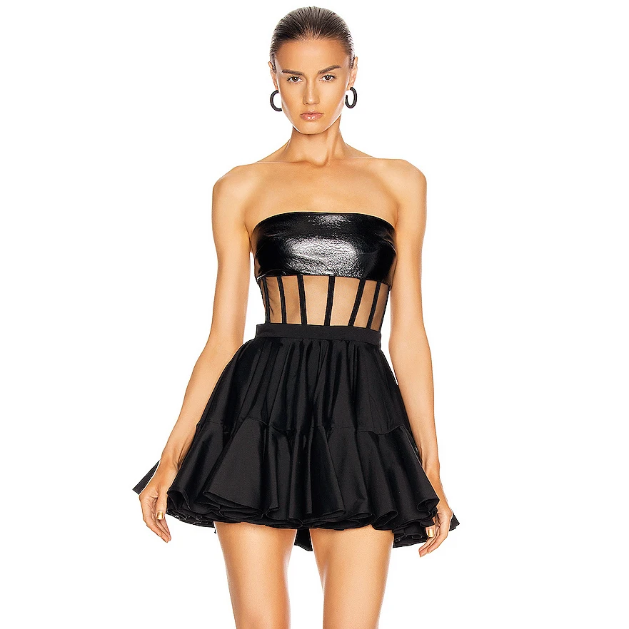 Купи 2021 Summer Women's Black Sexy Mesh Pu Leather Strapless Mini Large Swing Dress Bodycon Club Party Runway Dress Vestidos за 2,340 рублей в магазине AliExpress