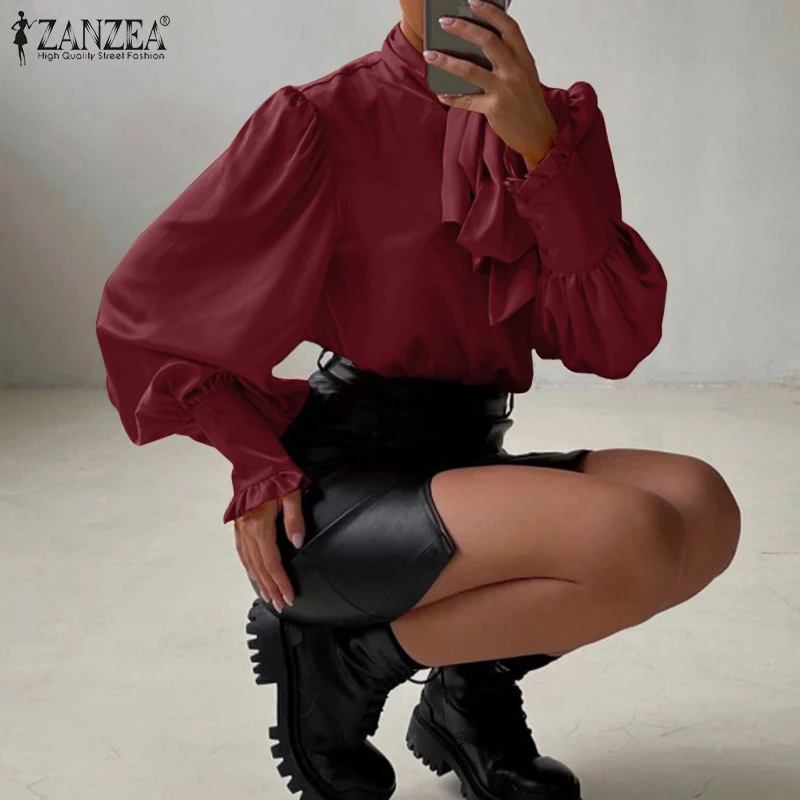 Элегантная офисная рубашка ZANZEA туника топы модная однотонная атласная блузка с