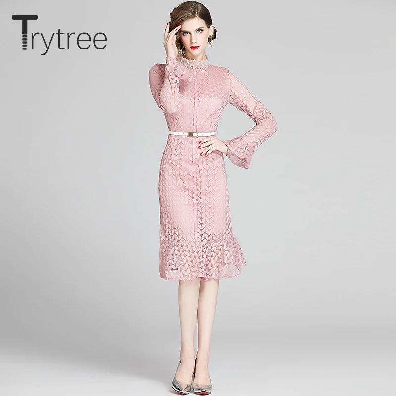 Весеннее женское платье Trytree 2020 Повседневное трапеция с воротником стойкой и