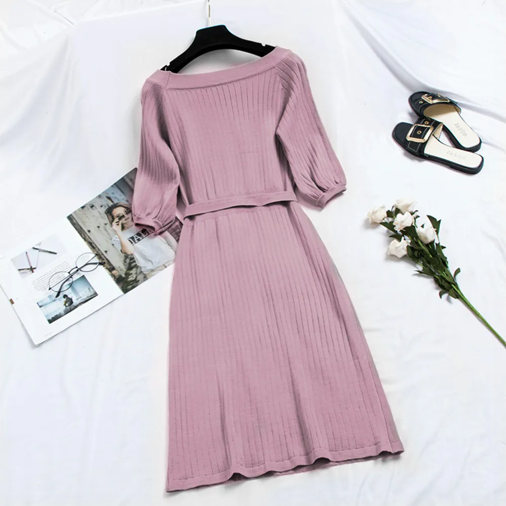 Женское вязаное милое платье средней длины элегантное корейское модное