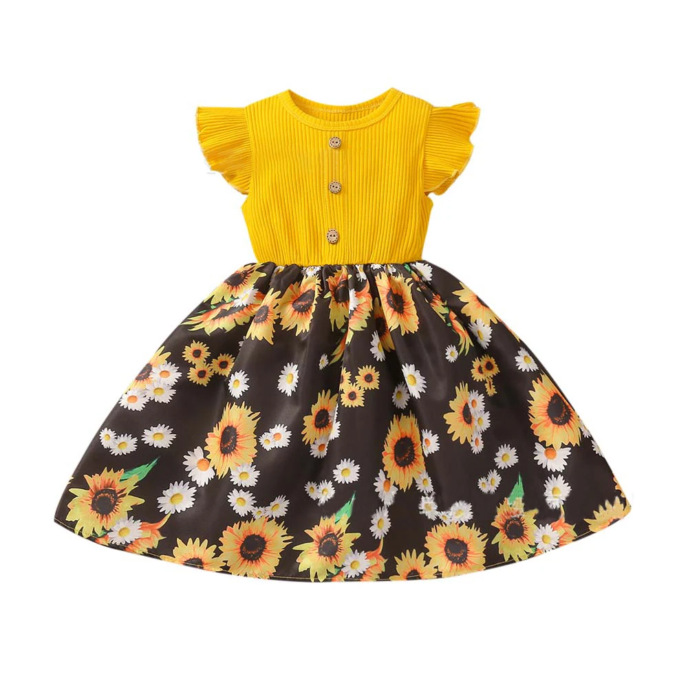 

От 2 до 7 лет летнее платье для девочек летящими рукавами на пуговицах, платье с принтом для девочек повседневная одежда для девочек; Платье с...