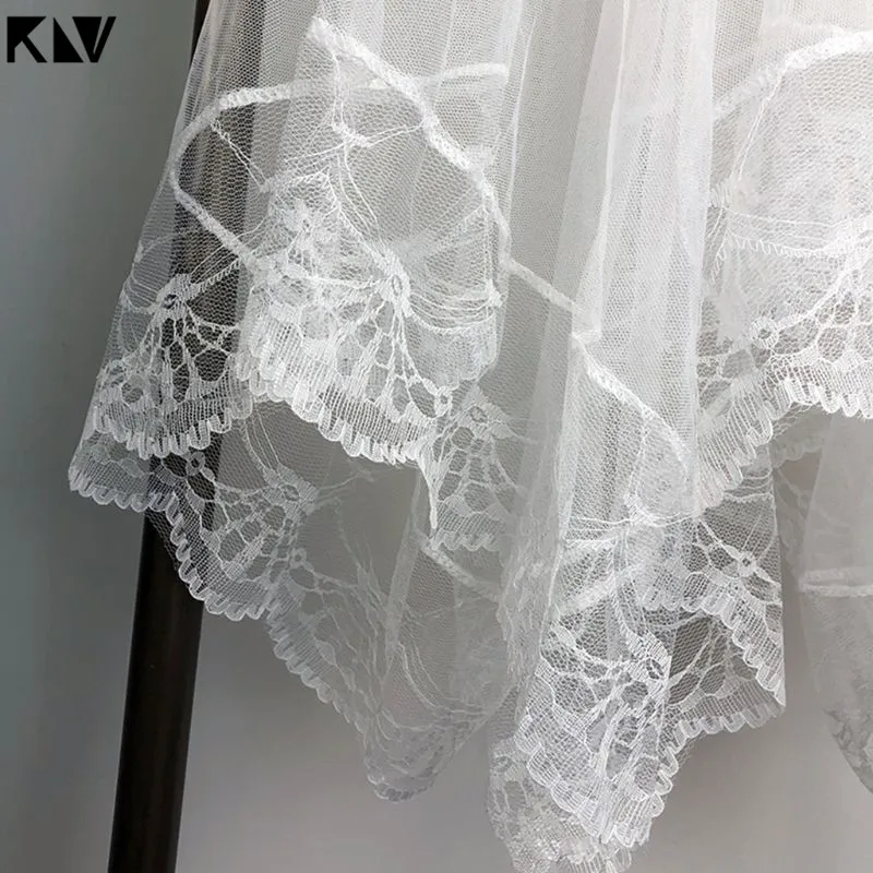 KLV длинная юбка миди с высокой талией и зубчатой кружевной отделкой, одноцветная плиссированная юбка с неровным подолом, двухслойные вечерние сетчатые юбки