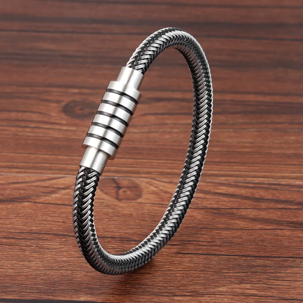 New Punk Black and White Braided Steel Wire Bracelet Magnetic Buckle Simple Style Fashion Wristband Men Stainless | Украшения и
