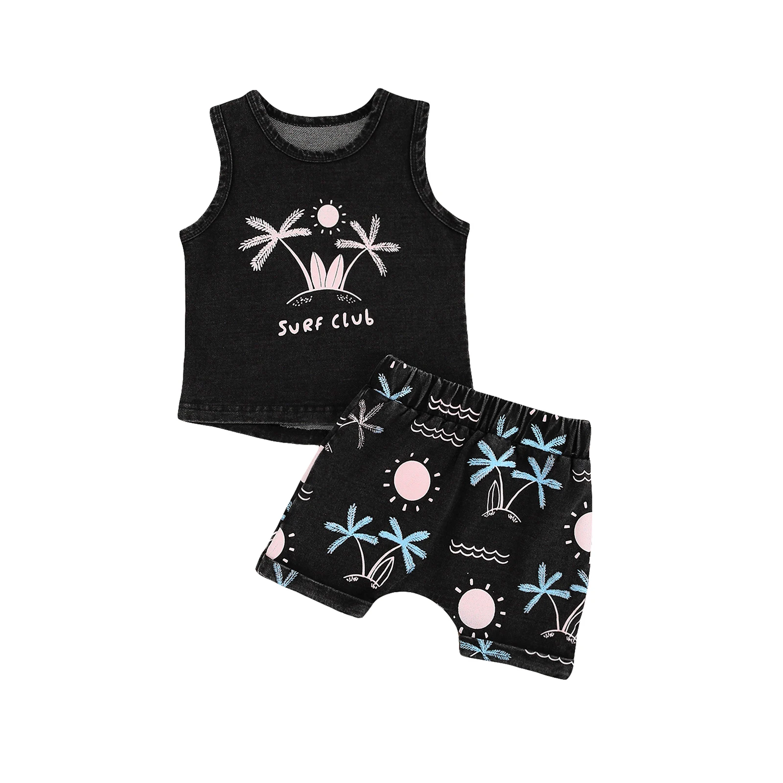 

Toddler Boys, Girls Sun Print Sleeveless Vest + Elastic Waist Shorts