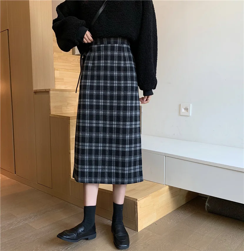 

Plaid Skirt Women's Retro High Waist Straight Slit Skirt Autumn Winter 2020 England Style Mid-Calf Skirt Women