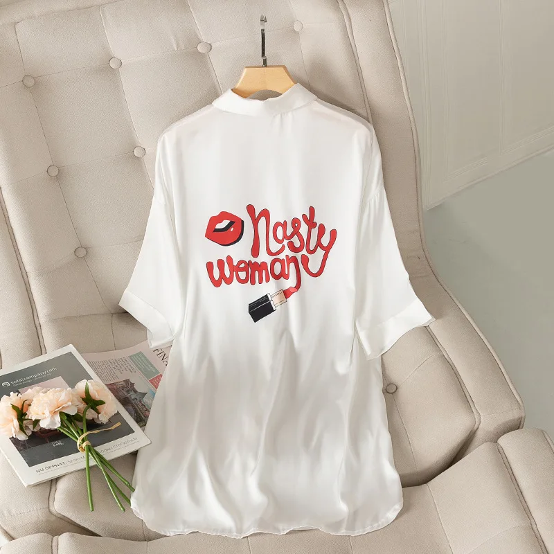 

Women Satin Loungewear White Print Nightgown Summer Silky Sleep Shirt Short Sleeve Sleepwear Femme Casual Nightshirt Homewear