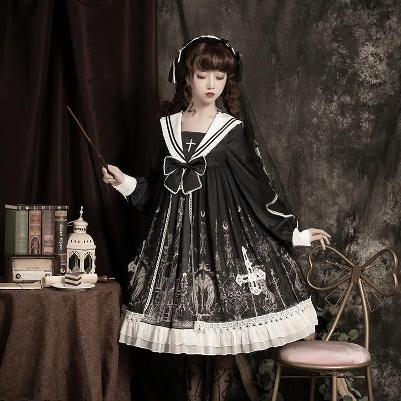 

Kawaii Lolita Dress Black Gothic Cross Witch Magician Loli Plus Size Costumes Dress Oversized Op Medieval Dress