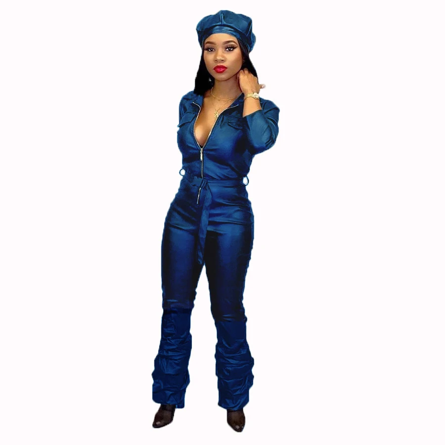 Женский зимний комбинезон из ПУ кожи с отложным воротником на молнии длинным