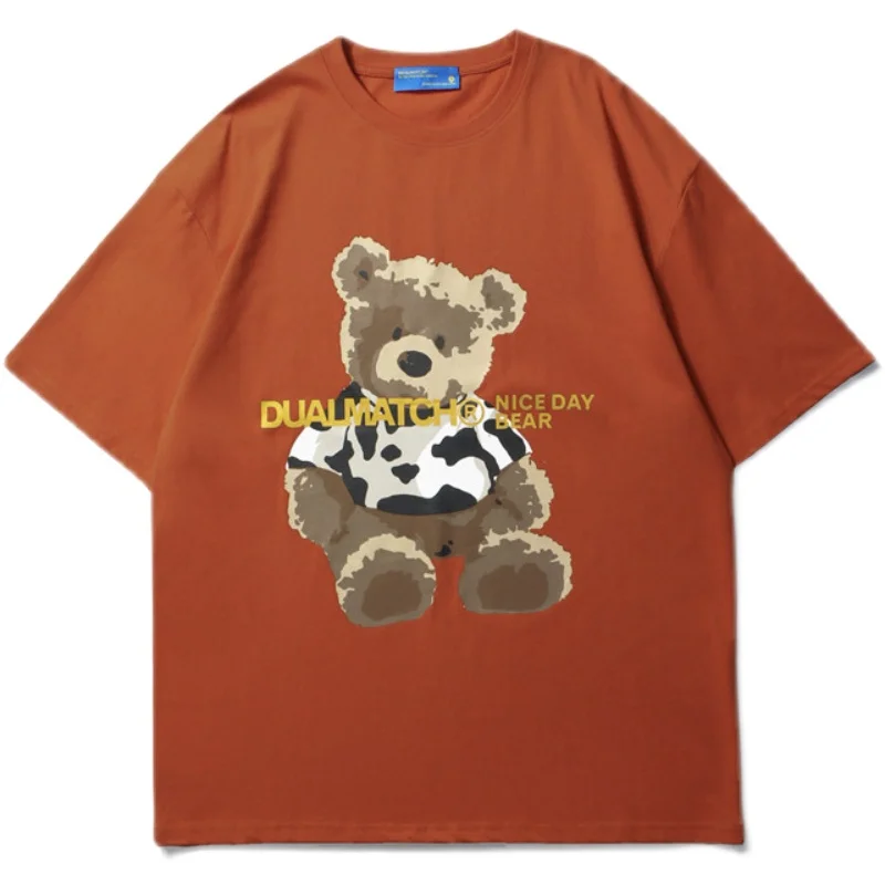 

2021 New Fashion Summer Bear Print Girl's Oversize Boyfriend Style T-shirt Unisex Men's Short Sleeve Tees Campus High Streetwear