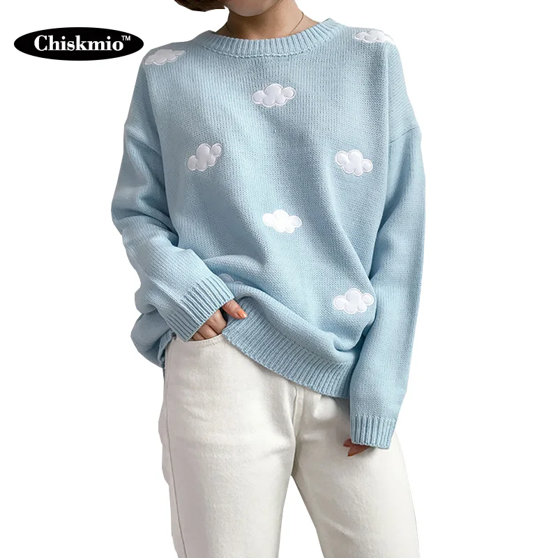 Preppy Style Women Sweater Cloud Pattern Knitting Pullover Loose Long-Sleeved Knitted Tops Ladies Office Jumper Harajuku | Женская