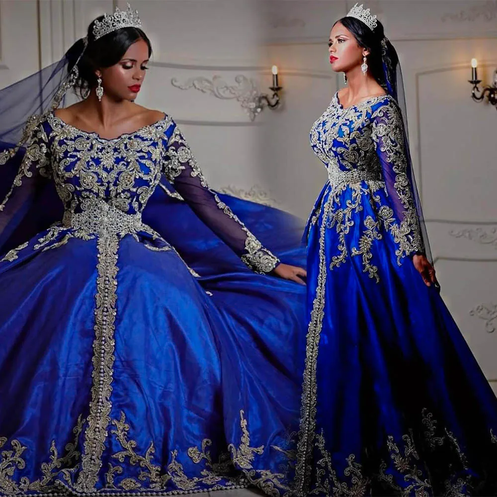 Royal Blue Vestidos De Fiesta Arabic Traditional Wedding Dresses Appliqued Long Sleeves kaftan caftan Turkey Bridal Gowns | Свадьбы и