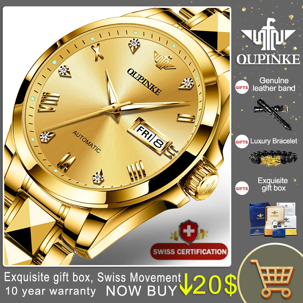 OUPINKE 2021 Luxury Men Mechanical Wristwatch Stainless Steel Gold Watch Top Brand Sapphire Glass Luxury Men Watches Gifts 3171