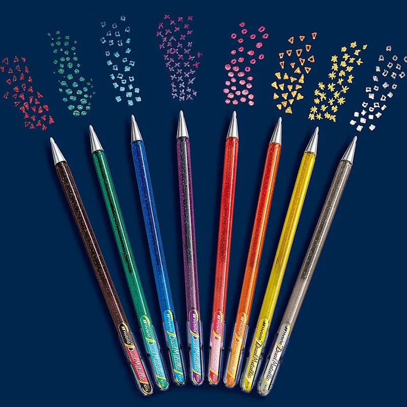 

Pentel гибридная двойная металлическая жидкая гелевая ручка Блестящий художественный маркер-упаковка из 8 ручек в 16 мерцающих металлических ц...