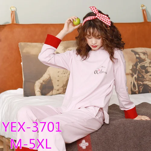 YEX-3701 Осенне-зимние пижамные комплекты размера плюс 3XL 4XL 5XL, хлопковые пижамы с длинным рукавом, свободная одежда для сна, пижамы с v-образным вырезом, женские пижамные комплекты - Цвет: YEX-3701