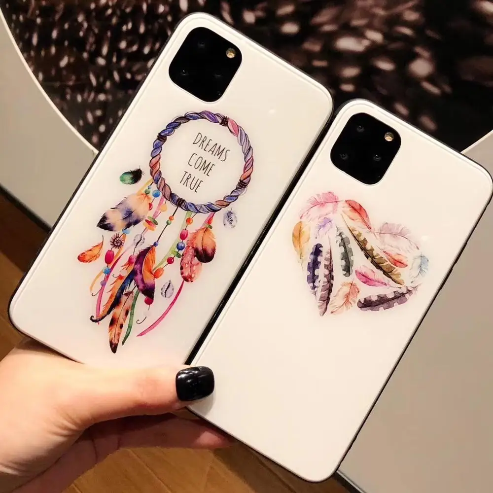 Роскошный красочный чехол из закаленного стекла для телефона для iphone 7 8 6 6s Plus XS Max XR X Ловец снов перо Глянцевая стеклянная крышка для телефона F