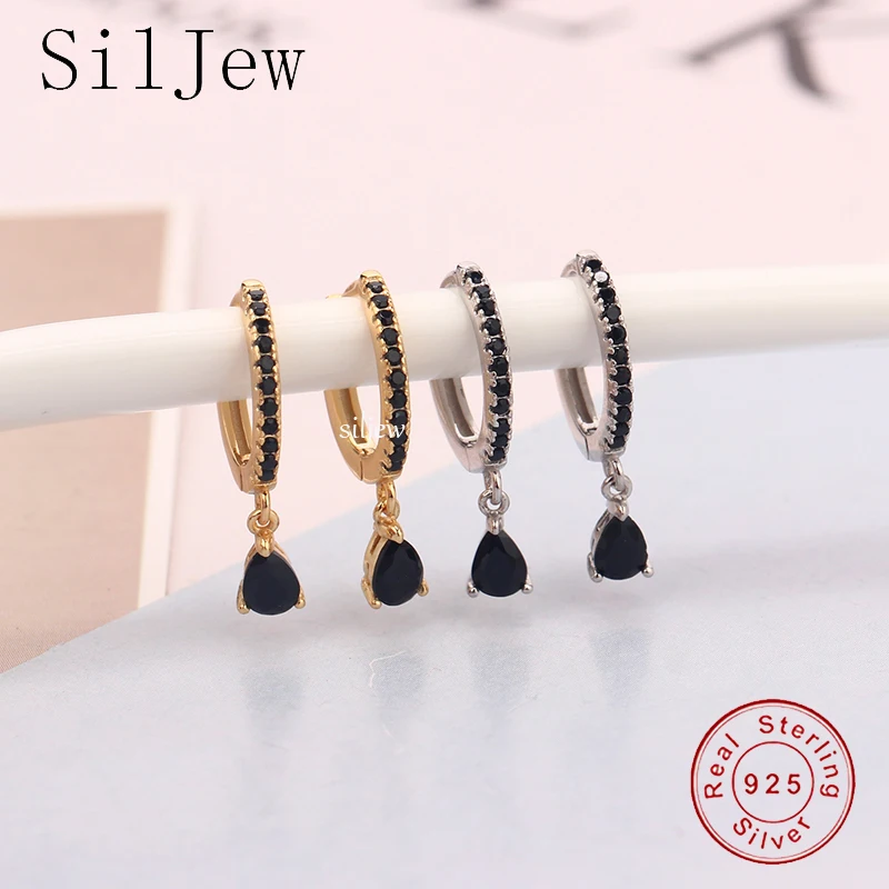 

SilJew 925 Sterling Silver Ovals Water Drop Earring Black Zircon CZ Circle Round Loop Crystal Women Piercing Ohrringe Pendientes