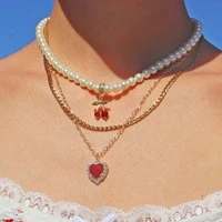 layered shiny red crystal cherry heart pearl beaded necklace for women gold color cuban clavicle chain necklace party jewelry