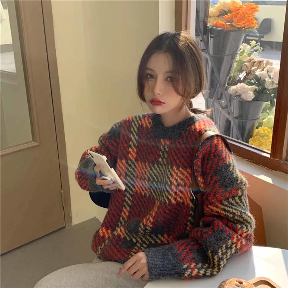 Winter Thick Weater Women Vintage Plaid Long Sleeve Chic Jumper Female Korean Fashion Leisure Loose O Neck Pullovers 2022 images - 6