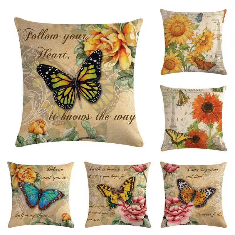 

Polyester Cusion Cover for Sofa Oil Painting Butterfly Printed Pillowcase for Bed Living Room Home Decoration Home Textile 45*45