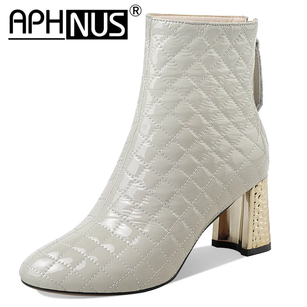 

APHNUS Womens Boots Plaid Short Ankle Booties Mid High Heels Pumps Woman 2020 Shoes For Women New Boot