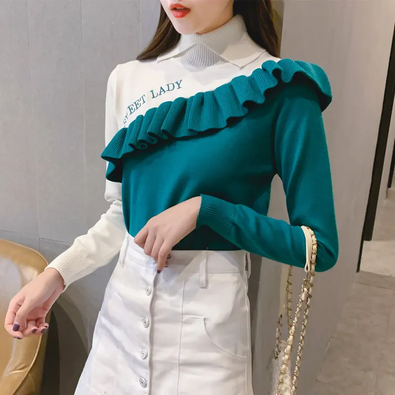 

Сексуальный вязаный свитер с лямкой на шее, женский джемпер, зимний женский свитер с оборками, женский джемпер с длинным рукавом, пуловер дл...