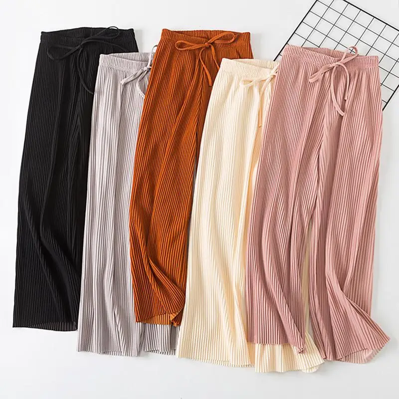 

2021 High Waist Summer Trousers Chiffon Loose Plus Size Women Casual Pants Ladies Summer Ice Silk Wide Leg Pants