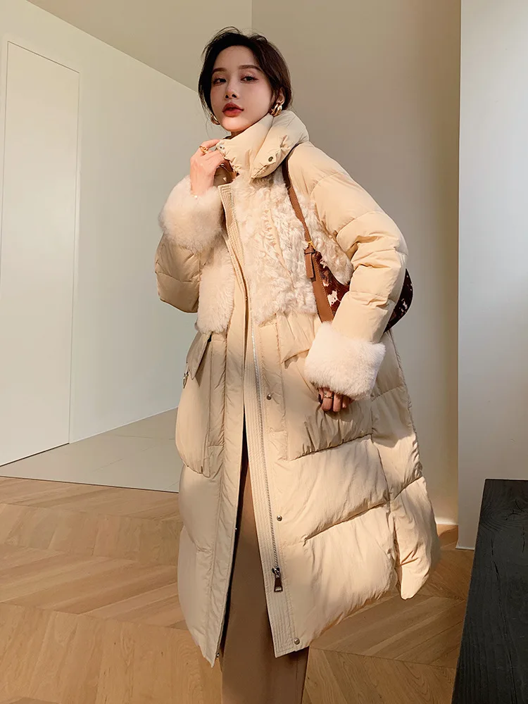 Goose down jacket women mid-length stitching fur lamb fur coat light goose down jacket women