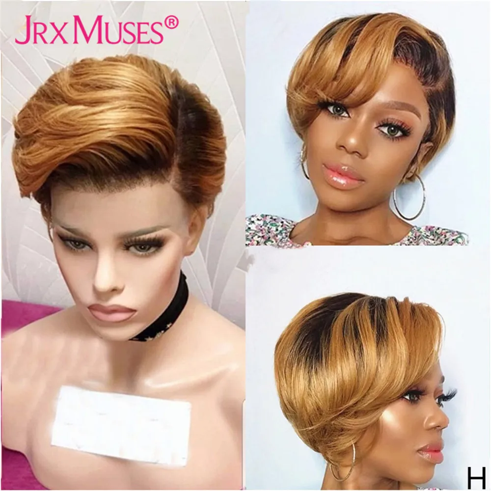 Ombre Honey Blonde Short Pixie Cut Human Hair Wigs for Women 6inches Side T Lace Part Wigs Wave Pre Plucked Brazilian Remy Hair