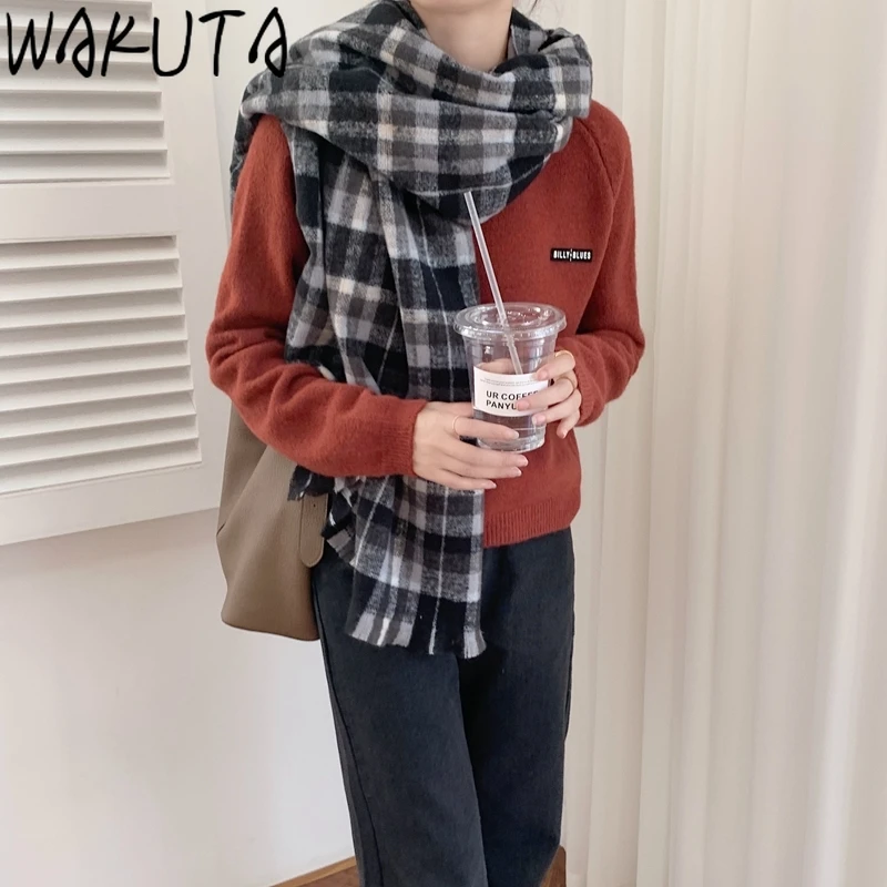 Винтажные клетчатые Длинные Теплые шарфы WAKUTA с цветными блоками женские