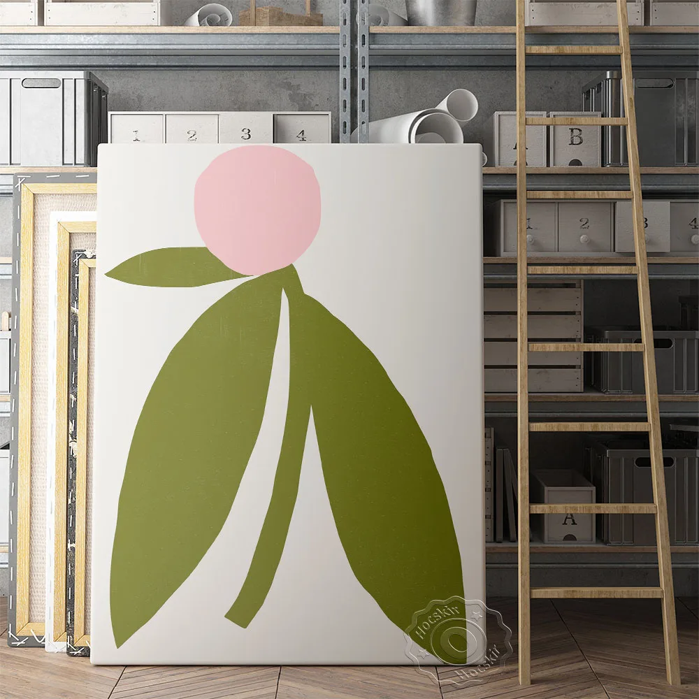 

Modern Pink Flower Green Leaf Poster, White Background Flower Art Canvas Painting, Minimalism Plant Wall Picture Home Decor Gift