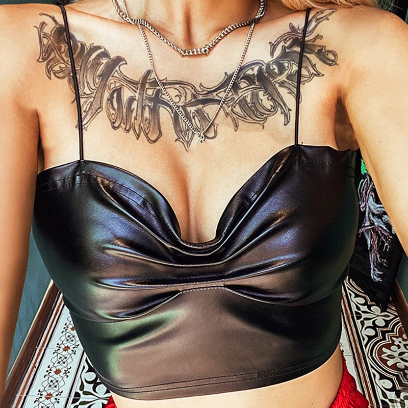 

Новинка 2021, женские сексуальные Клубные топы из искусственной кожи, однотонные укороченные майки без рукавов, летние топы