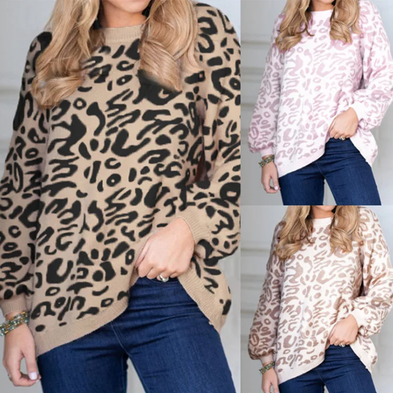 Леопардовый вязаный женский свитер пуловер зимний толстый с длинным рукавом 2020