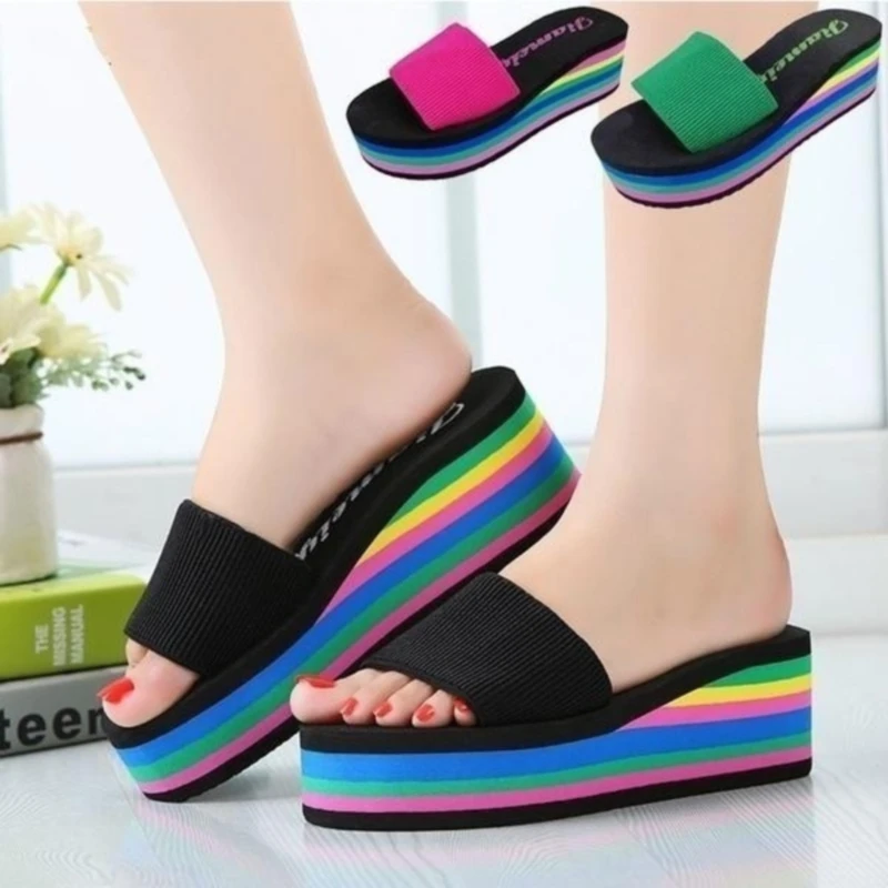 

Women Fashion Sandals Summer Slippers Female Wild One Word Drag Muffin Wedge Heels Thick Bottom Non-slip Beach Shoes