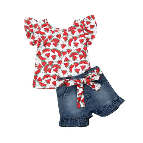 Комплект одежды из 2 предметов для маленьких девочек с принтом фламинго, топы с цветочным рисунком и изображением арбуза, футболка джинсовые шорты, брюки детские комплект