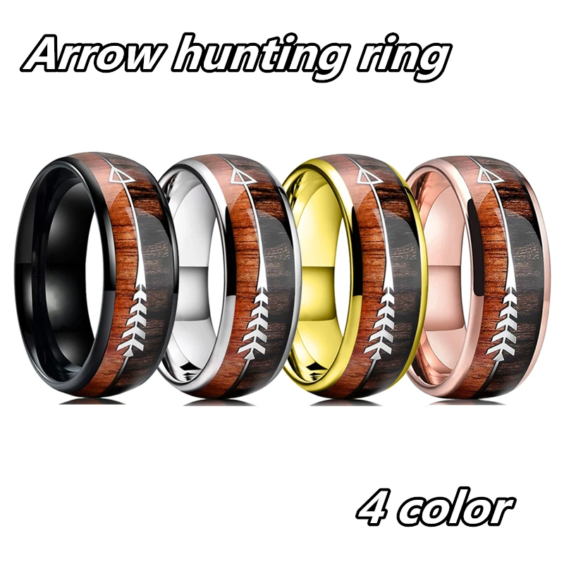

Fashion 8mm Men Four Color Stainless Steel Rings Koa Wood Arrows Inlay Ring Viking Hunting Arrow Rings For Men Weddings Band