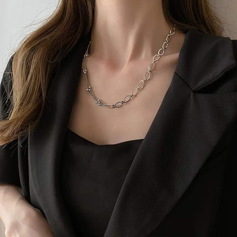 

FMILY Minimalist 925 Sterling Silver Multi-layer Splicing Asymmetrical Necklace Retro Creative Jewelry for Girlfriend Gifts