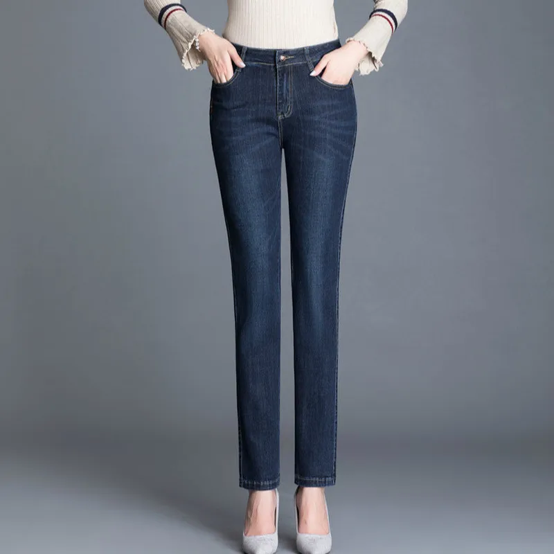 

Stretch Fat Mom Jeans Female Pocket Elastic Straight Jeans Jeans for Women High Waist Jeans Washed Denim Skinny Pants Plus Size