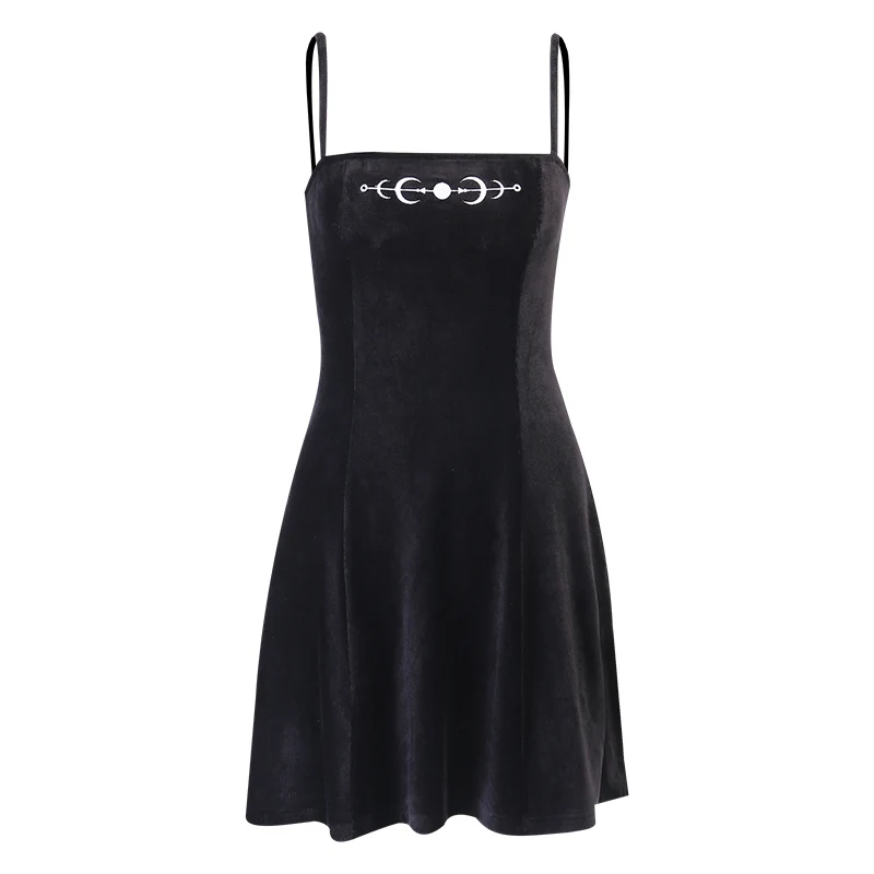 

Punk Gothic Sleeveless Slash Neck Backless Strap Mini Dress Women Sexy Streetwear Moon Embroidered Off Shoulder Spaghetti Dress