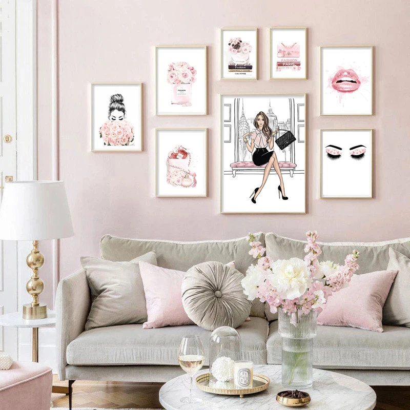 Модная Косметика печать постер розовый цветок девушка ресницы губы парфюм книга
