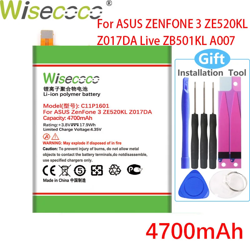 

Аккумулятор WISECOCO C11P1601 для ASUS ZENFONE 3 ZENFONE3 ZE520KL Z017DA ZenFone live ZB501KL A007 мобильный телефон, 4700 мАч