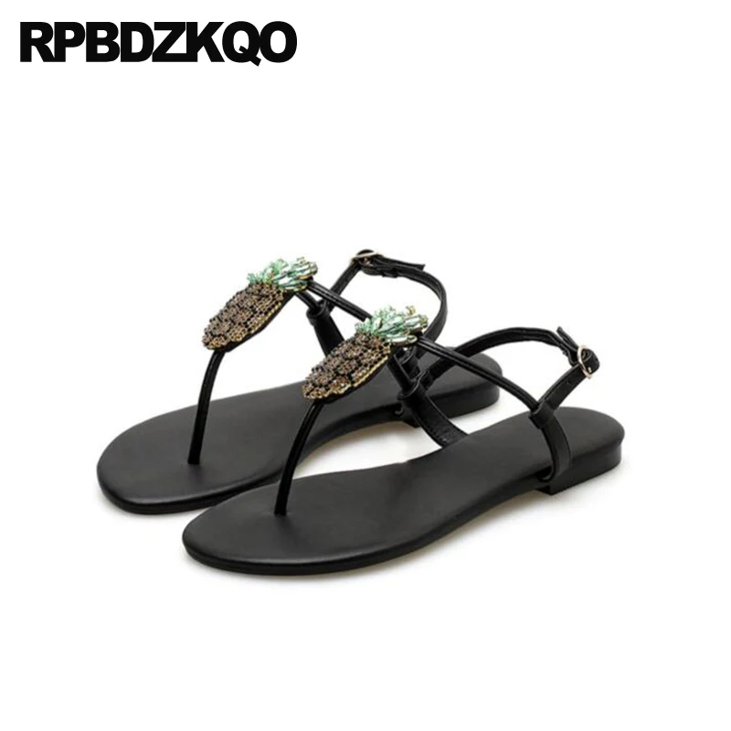 Ананас Сандалии на ремнях с бантом петлей пятке Стразы Т образным ремешком