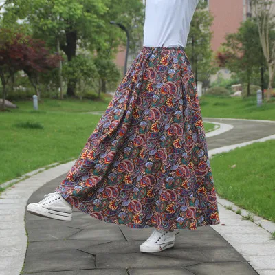 Летние повседневные длинные женские хлопковые льняные юбки с цветочным принтом SK009 - Цвет: cherry
