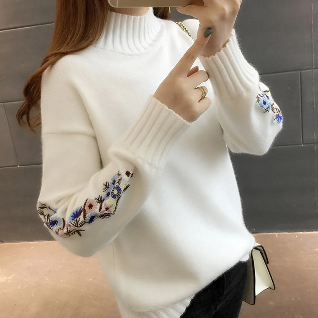 New Loose Thick Warm Winter Pullover Sweater Women Embroidery Jumper Half Turtleneck Long Sleeve Knit Yellow Sweater Female