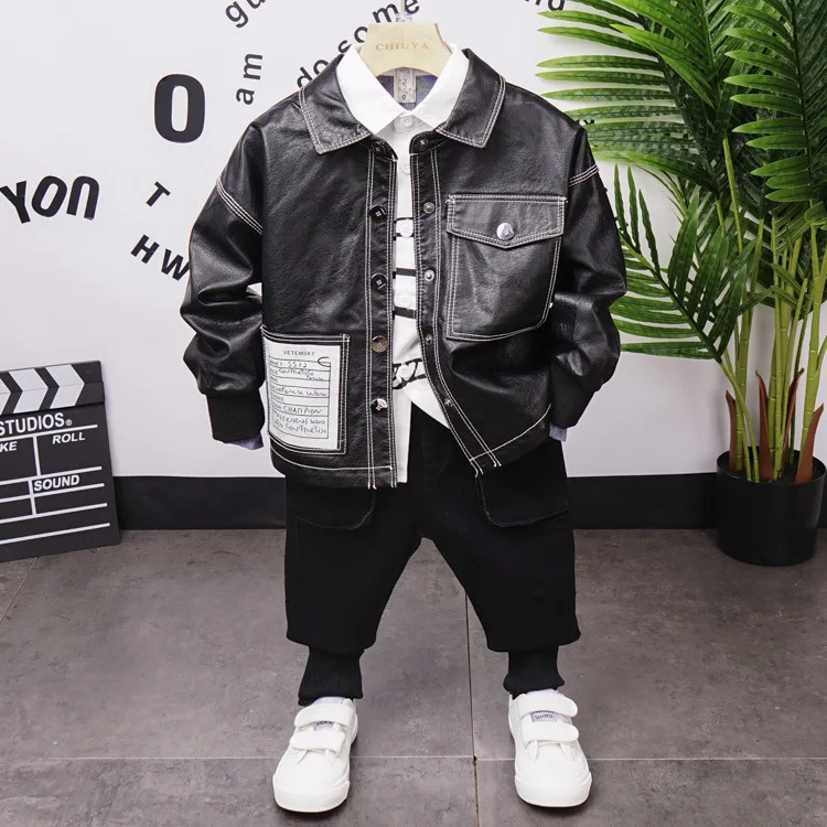 

Children Boys Clothing Sets Fashion Baby Boys PU Coat , Shirts and Jeans 3Pcs/Sets Spring Autumn Toddler Tracksuits 2-7Year