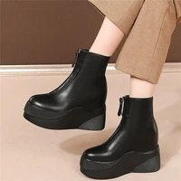 casual shoes women cow leather platform wedges high heel ankle boots female round toe fashion sneakers punk trainers chic shoes