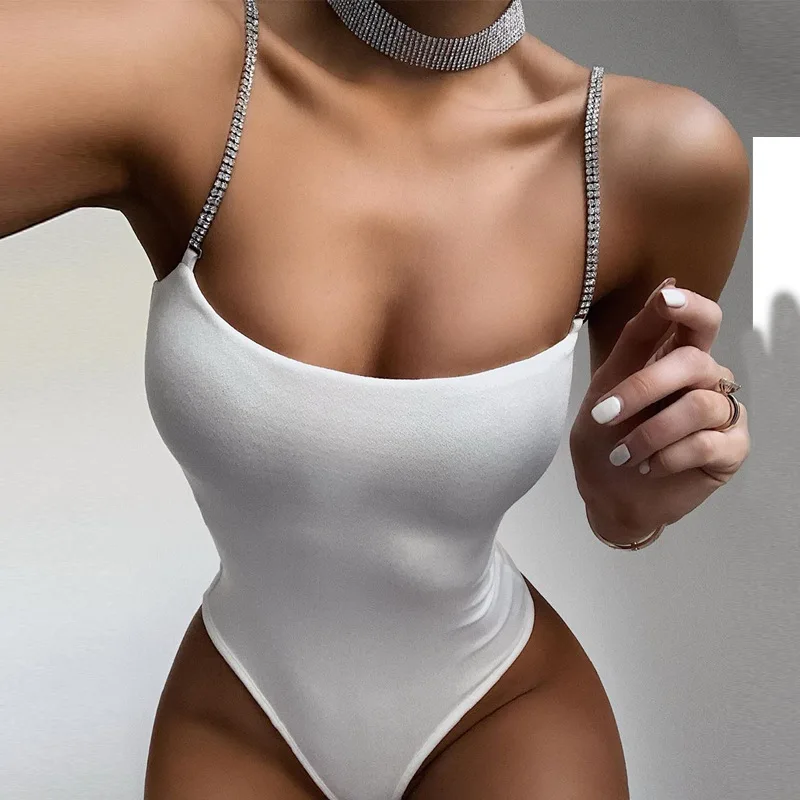Hotvestita 2021 New Fashion Sexy Diamonds Straps Bodysuits Women Bodycon Jumpsuits Crystal Strappy Black White Body Top Clubwear