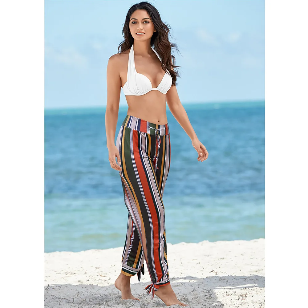 

Women Pant Side High Split Casual Boho Long Striped Leaves Print Knotted Hem Design Legging Summer High Waist Slim Fit Trousers